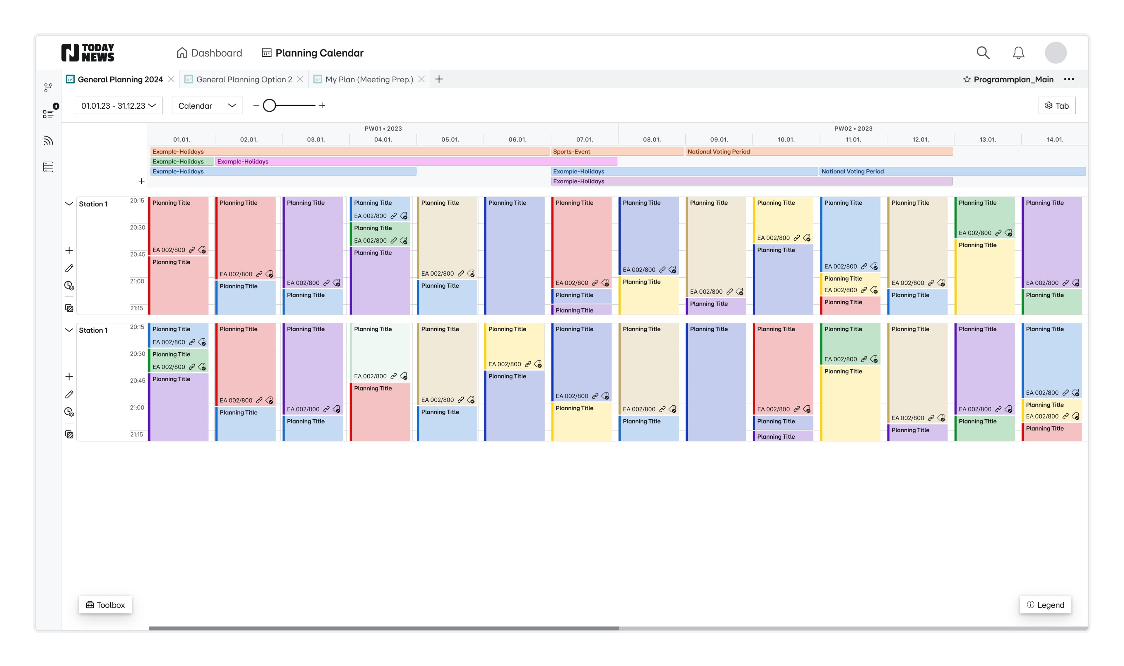 Calendar view — multi-persona planning interface