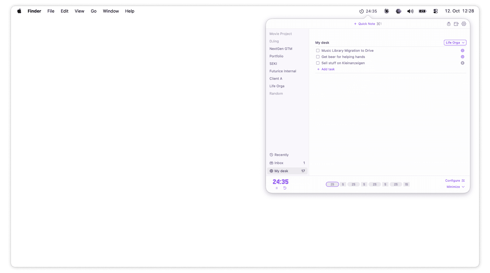 SEKI — main window and menu-bar popover with a project's topics and tasks