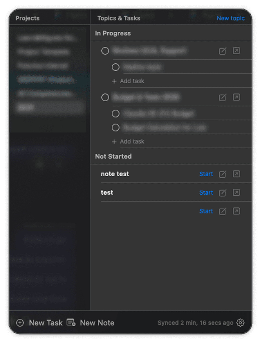 SEKI — v0: the first dark menu-bar popover on top of Notion, with In Progress and Not Started sections