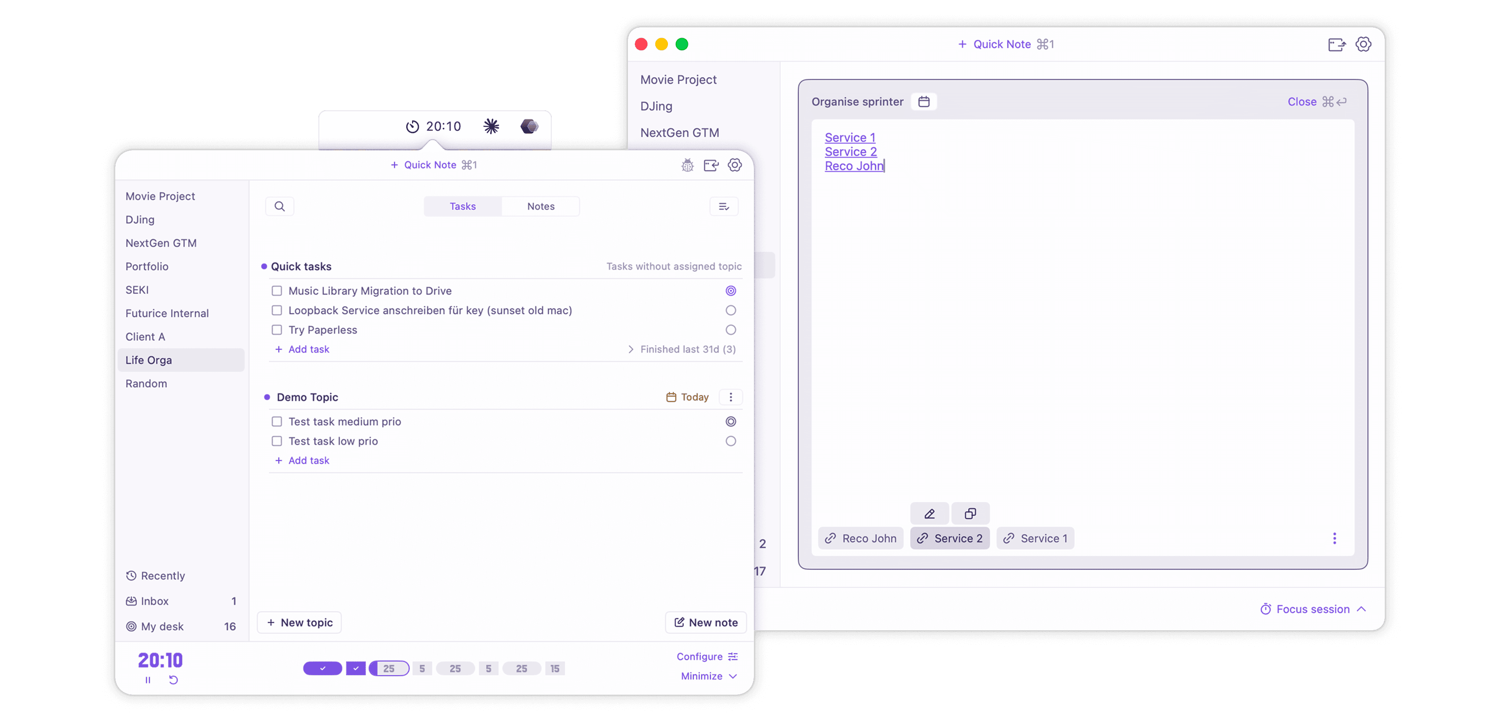 SEKI — the popover with a focus session running in the footer, and a window with a note whose links became chips