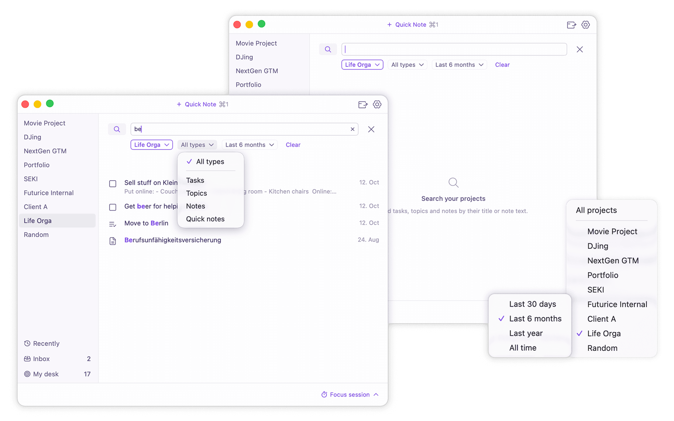 SEKI — search opened from a project, pre-filtered to that project, with project, type and edited filters